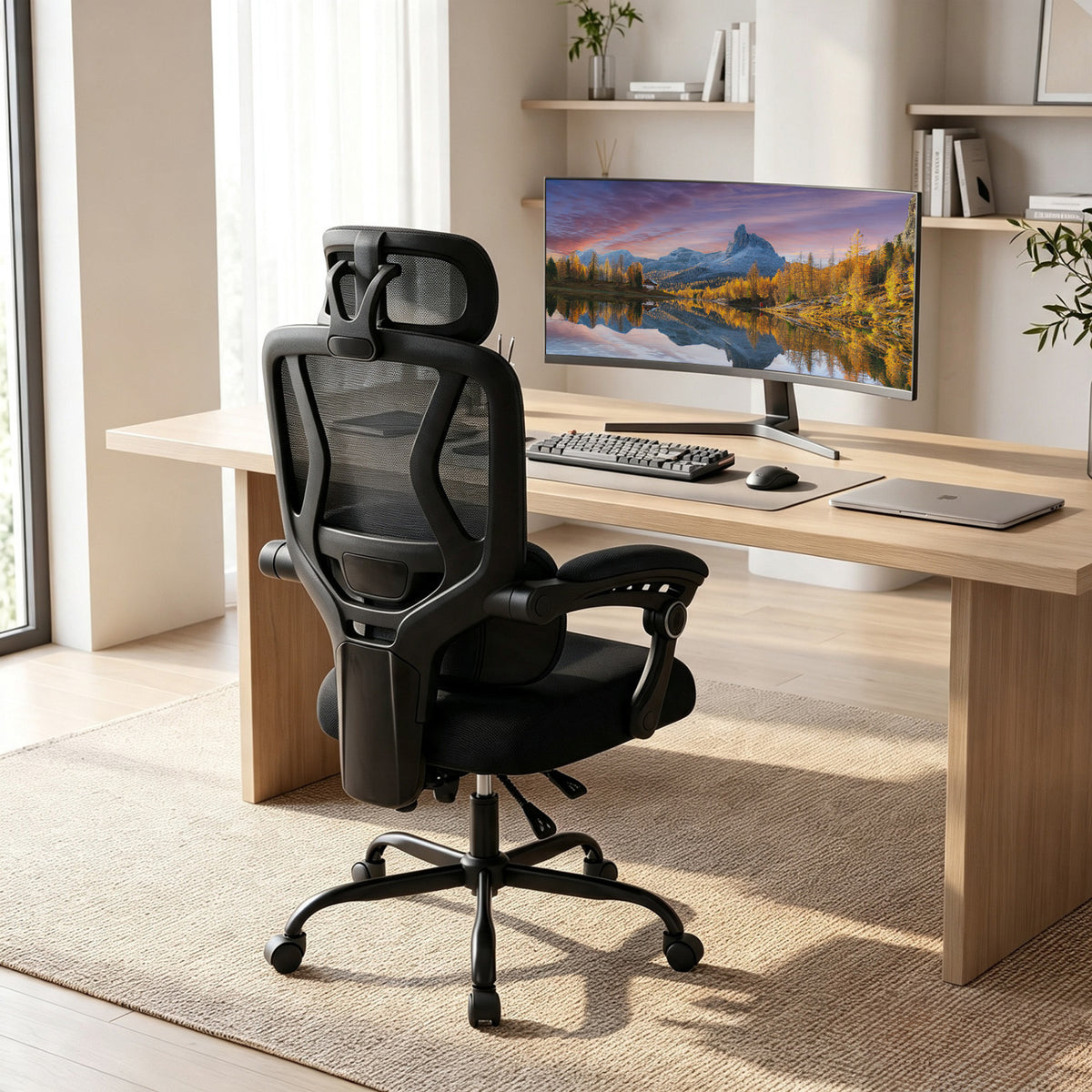Ergonomic Office Computer Mesh Chair with High Back Adaptive Lumbar Support and 2D Adjustable Headrest-Black view 2