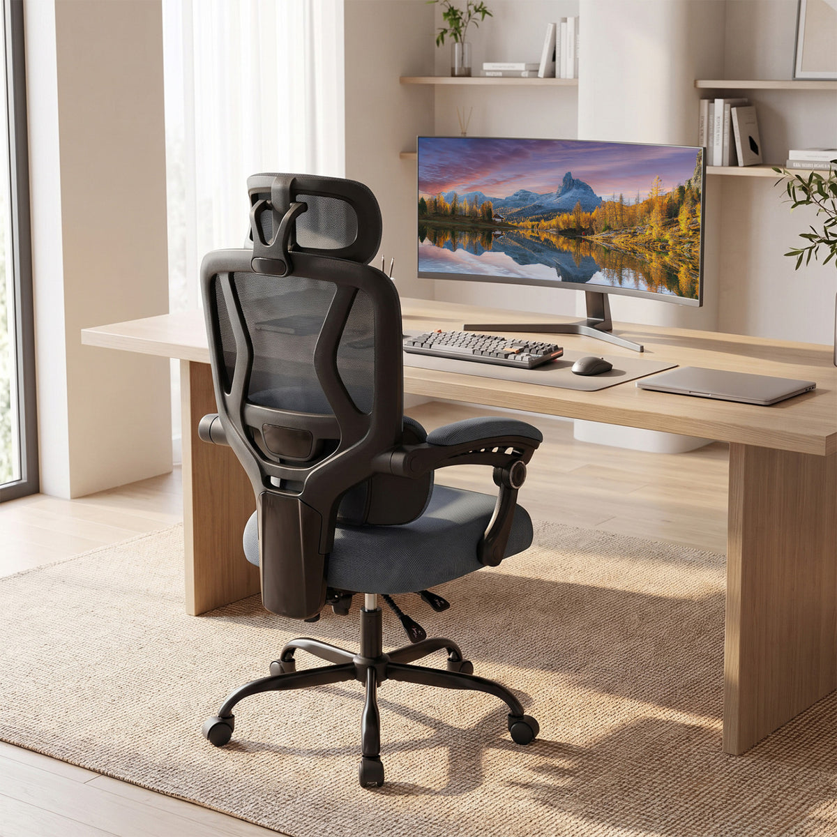 Ergonomic Office Computer Mesh Chair with High Back Adaptive Lumbar Support and 2D Adjustable Headrest-Gray view 2