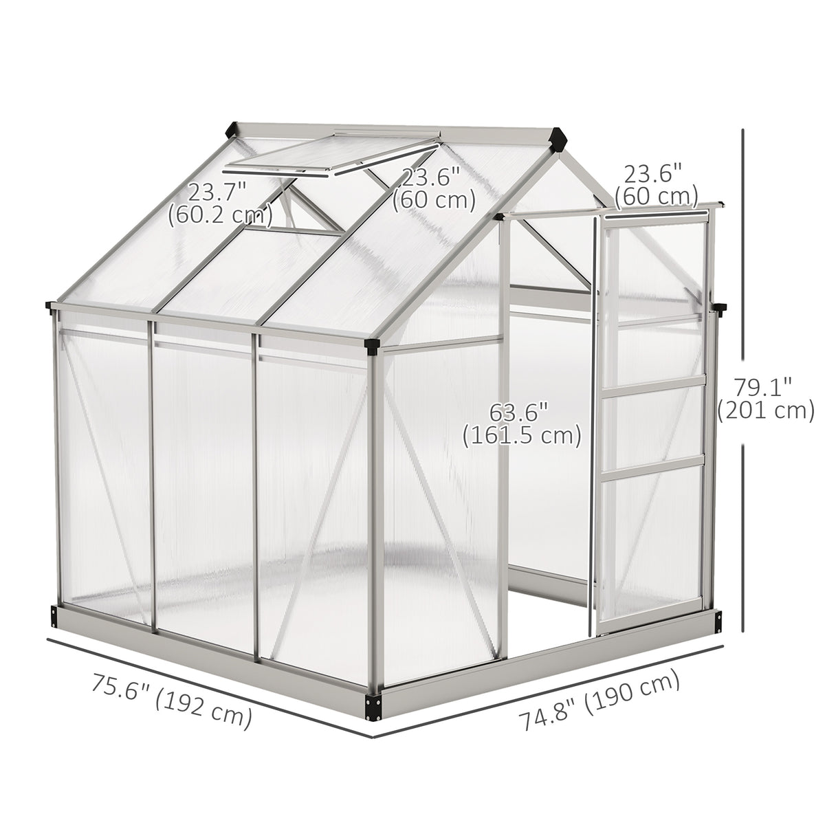 6' x 6' x 6.6' Polycarbonate Greenhouse, Walk-In Green House Kit Garden, Plants Grow, Galvanized Sheet Aluminum Frame with Rain Gutter, Vent and Sliding Door, Silver