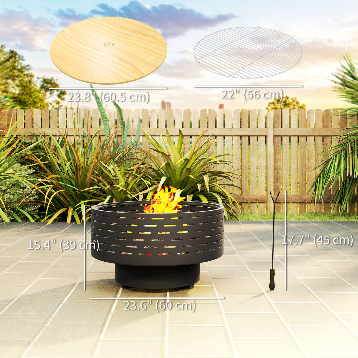 3-in-1 Fire Pit Φ23.8" x 15.4" Outdoor Fire Bowl with Grill Grate, Wood-Effect Fire Basket