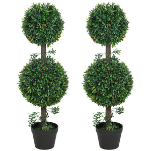 3FT Artificial Boxwood Topiary Tree Set of 2, Faux Two Ball Topiary Tree in Pot for Indoor Outdoor Decor