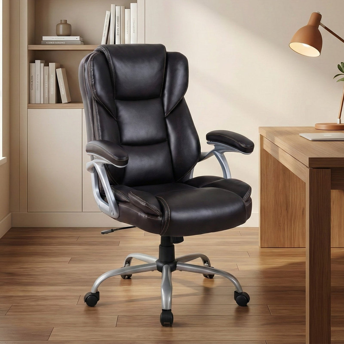 Executive Office Chair Leather Ergonomic Computer Desk Chair with Padded Seat and Armrests-Brown view 2