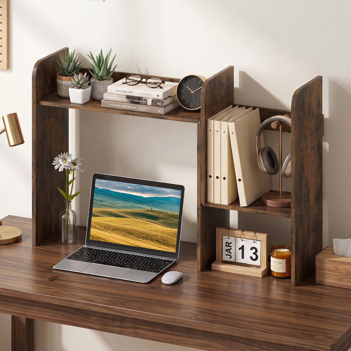 Expandable Desk Bookshelf with Open Cubes and Desktop Display Rack-Rustic Brown view 2