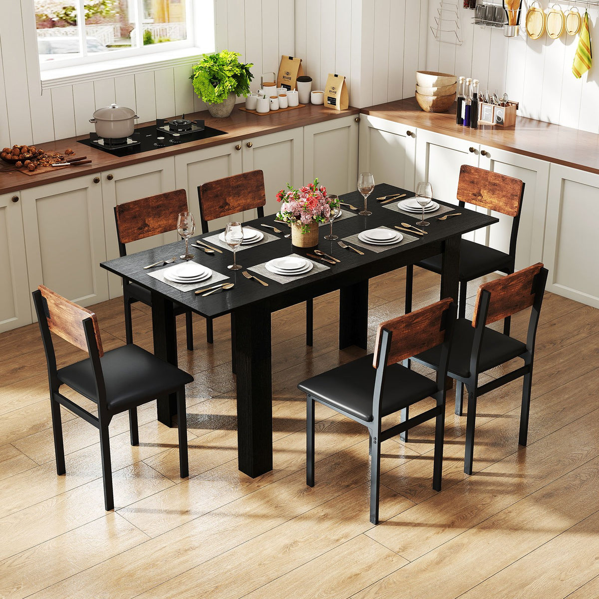 Extendable Dining Table for 4-8 People 47 inches-62 inches Large Rectangular Kitchen Table-Black view 2