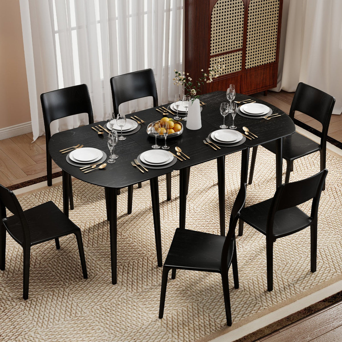 Extendable Dining Table Set with 2 Half-Round and 1 Rectangular Tables-Black view 2