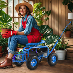 Extendable Handle Garden Cart Rolling Wagon Scooter-Blue view 3