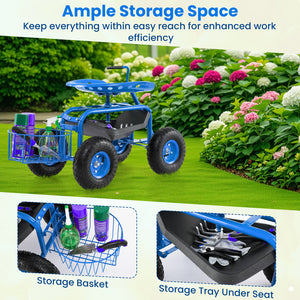 Extendable Handle Garden Cart Rolling Wagon Scooter-Blue view 8