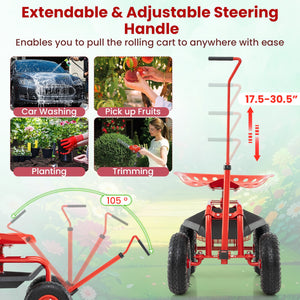Extendable Handle Garden Cart Rolling Wagon Scooter-Red view 6