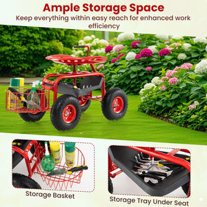 Extendable Handle Garden Cart Rolling Wagon Scooter-Red view 8