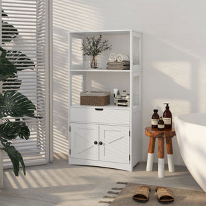 Farmhouse Bathroom Storage Cabinet, Linen Cabinet with Drawer and Shelves, 23.5" x 13" x 48.5", White