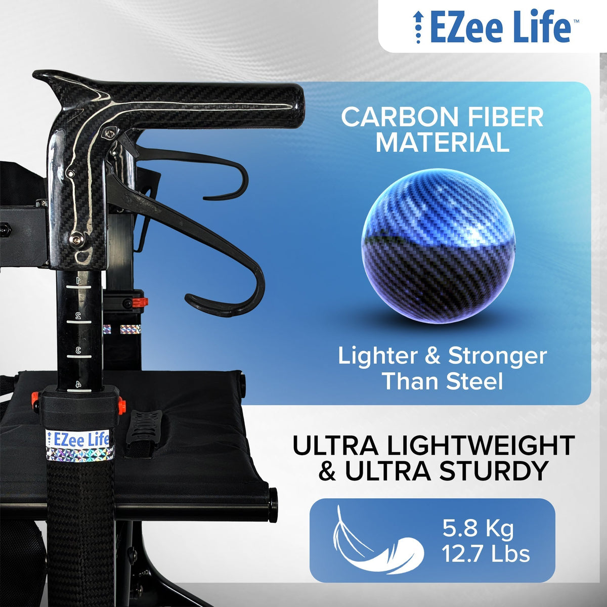 EZee Life Carbon Fiber Rollator CH3018, 5.8 kg Ultra-Lightweight