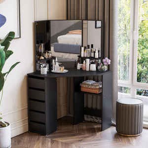Corner Vanity Desk with Mirror, Makeup Vanity Table with 5 Drawers and Open Shelves – view 7