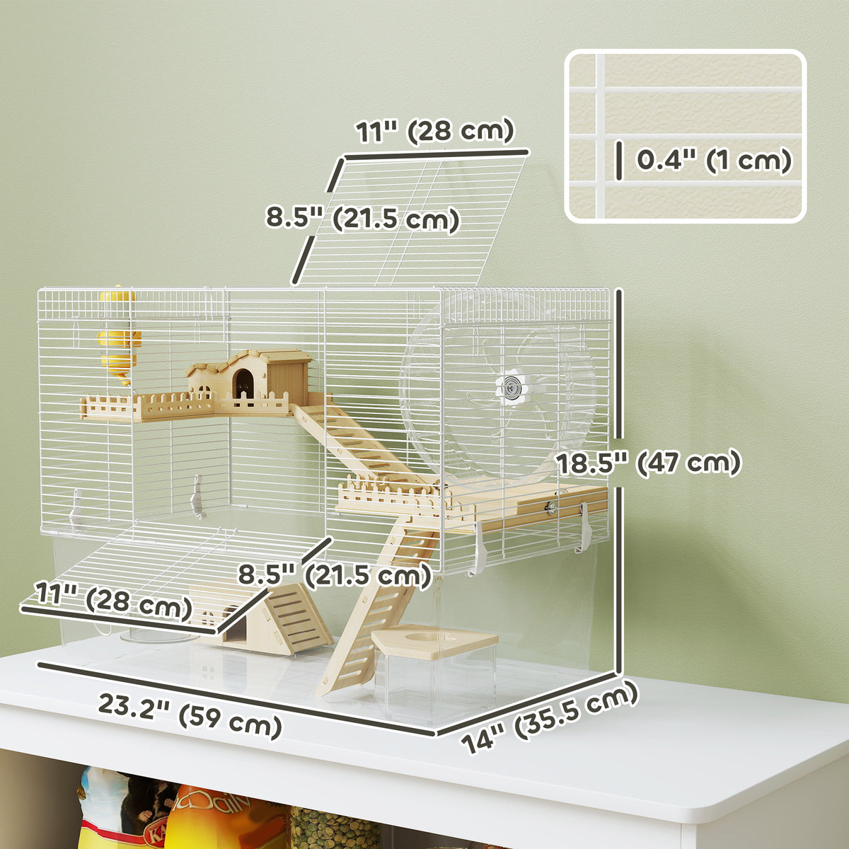 Hamster Cage with Deep Bottom, Wooden Ramp, Hut, Bathroom and Exercise Wheel for Hamster and Gerbil, White