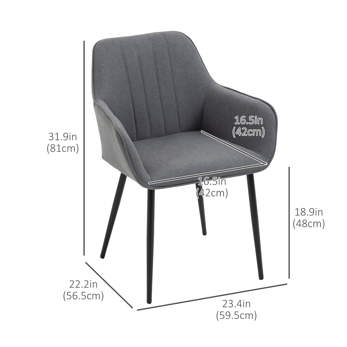 Dining Chairs Set of 2, Linen Upholstery Accent Chair with Back, Armrest, Metal Legs, Dark Grey – view 2