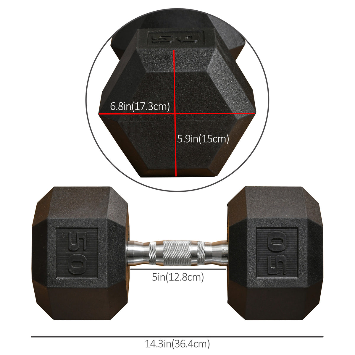 Soozier 50lbs Rubber Hex Dumbbell, Weight Dumbbell Hand Weight Barbell for Body Fitness Training for Home Office Gym, Black