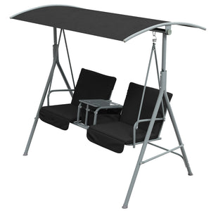 2-Seater Outdoor Porch Swing with Adjustable Canopy and Table, Patio Swing Chair for Garden, Poolside, Backyard, Black