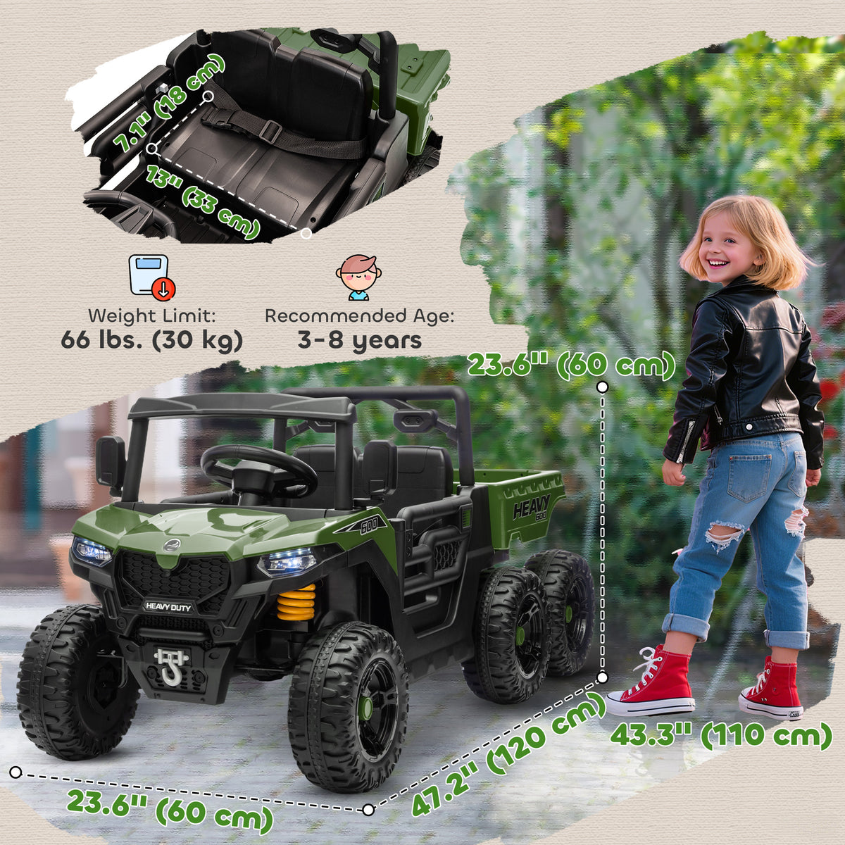 Qaba 24V 4WD Kids Ride On Truck with 6 Wheels Electric Ride On Car with Remote, Dump Bed for 3-8 Years