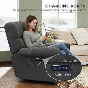 Power Recliner Chair, Fabric Upholstered Recliner Chair with USB Ports, Swivel and Rocking Function – view 13