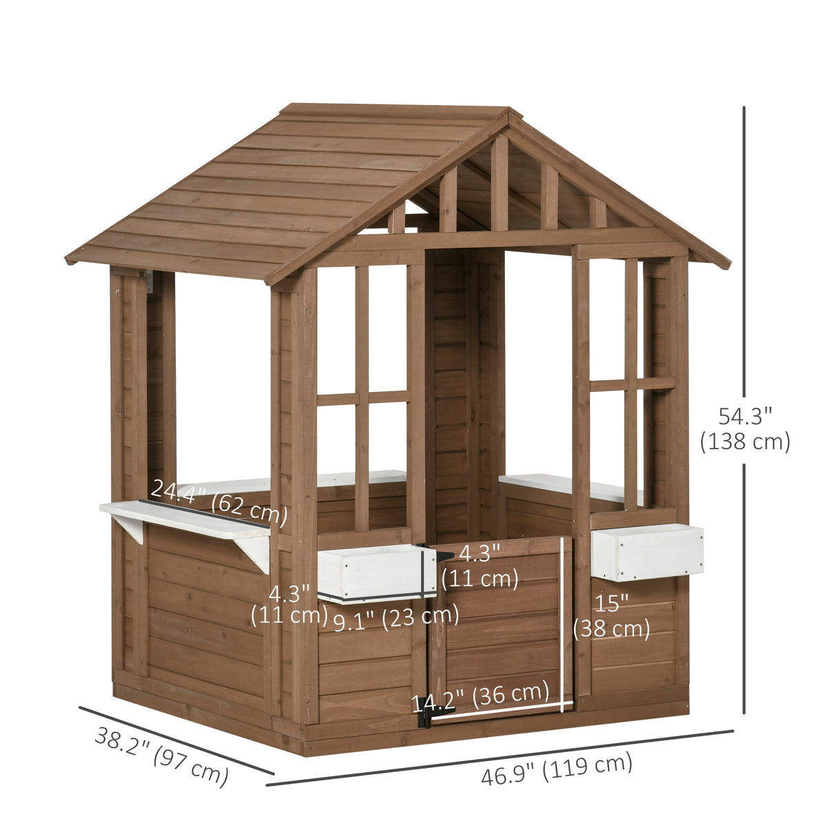 Kids Wooden Playhouse, Outdoor Garden Games Cottage with Flowers Pot Holder, Working Door, Windows, Brown