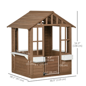 Kids Wooden Playhouse, Outdoor Garden Games Cottage with Flowers Pot Holder, Working Door, Windows, Brown
