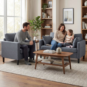 55" Loveseat Sofa, Modern Linen Upholstered Couch with Spring Cushion, 2 Pillows, Dark Grey