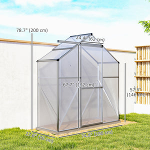 6' x 2.5' Walk-in Polycarbonate Greenhouse Aluminium Green House with Sliding Door, 5-Level Roof Vent, Rain Gutter