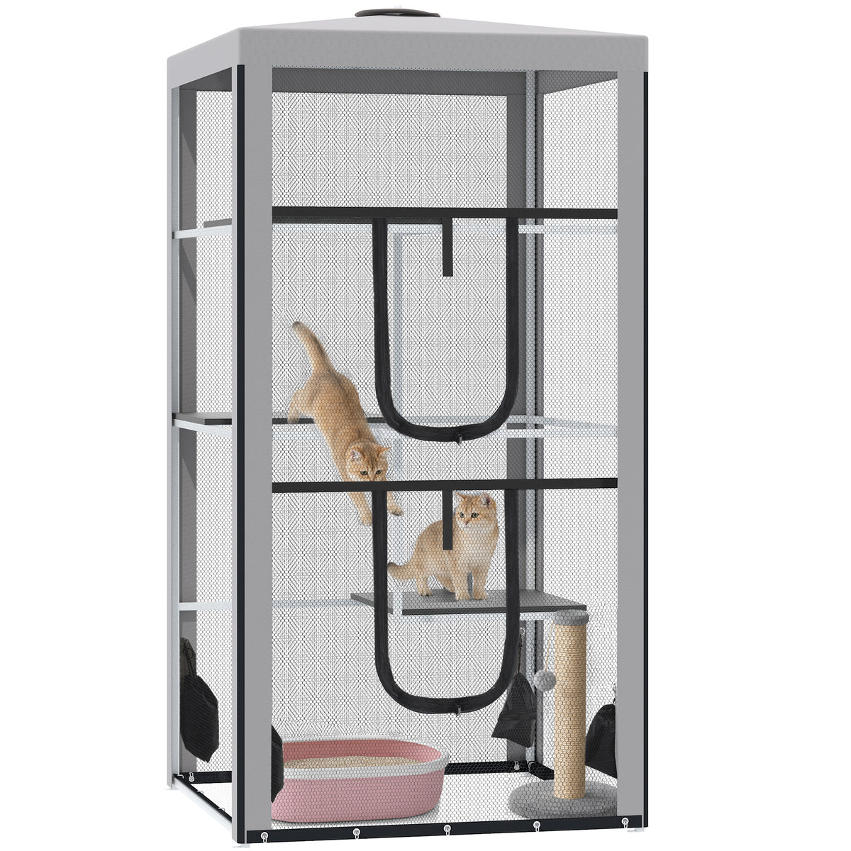 79" Cat Cage, Large Outdoor Kitten House, Indoor Cage Pet Kennel Playpen with 3 Platforms Door 4 Sandbags - Grey