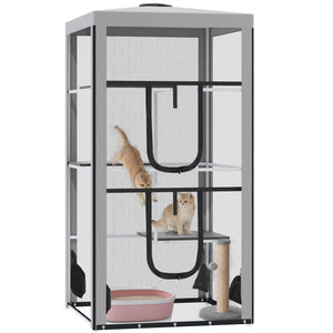 79" Cat Cage, Large Outdoor Kitten House, Indoor Cage Pet Kennel Playpen with 3 Platforms Door 4 Sandbags - Grey