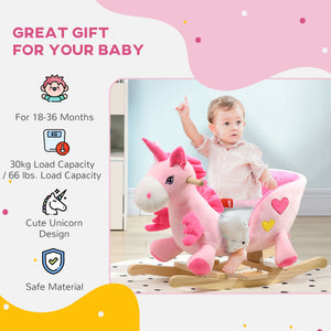Qaba Baby Rocking Horse, Plush Animal Rocker for Toddlers Aged 18-36 Months, Stuffed Ride Toy with Sounds, Seat Belt, Pink