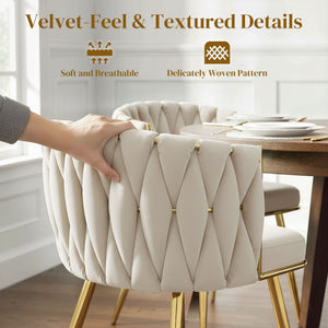 Modern Dining Chairs Set of 2, Velvet-Feel Upholstered Kitchen Chairs with Woven Backrest and Metal Legs, Cream White