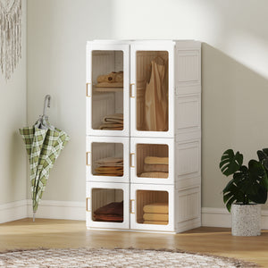 Portable Wardrobe, Foldable Plastic Closet with 5 Compartments, Hanging Rod and Magnetic Doors, White