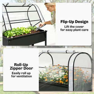 Raised Garden Bed with Flip-Up Greenhouse Cover, Metal Elevated Garden Bed with Legs and Drainage Hole, Black