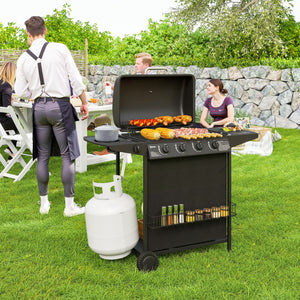 4+1 Burner Propane Gas BBQ Grill, Portable Gas Barbecue Grill with Side Burner, Thermometer, Lid, Side Table, Shelf, Spice Rack, Wheels, Grease Cup for Garden, Black
