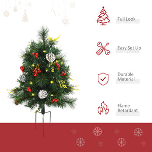 2.5ft 2 Pieces Prelit Artificial Christmas Tree with LED Light Mini Xmas Tree with Small Berry Pine Needles Pinecones Decorations for Garden