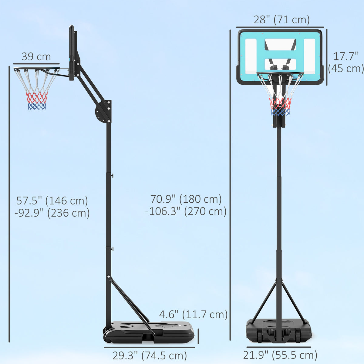 Soozier Basketball Hoop Outdoor, Basketball Hoop and Stand with Weighted Base and Shatterproof Backboard, 57.5"-92.9", Black