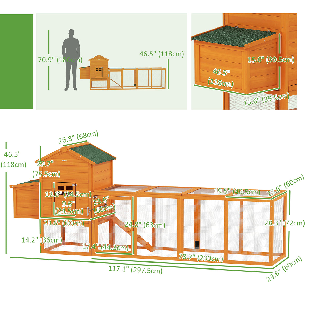 117" Extra Large Chicken Coop with Asphalt Roof, Wooden Hen House with Slide-out Tray – view 2