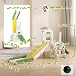 Qaba Foldable 5 in 1 Toddler Slide with Ladder, Climbing Wall, Basketball Hoop, Storage and Basketball for 1-3 Years, Cream