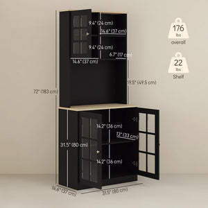 Kitchen Buffet with Hutch, Storage Pantry with 3 Cabinets, 2 Open Shelves and Large Countertop, Black – view 2