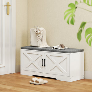 Shoe Bench with Cushion Shoe Storage Bench with Doors Adjustable Shelves for Entryway, White