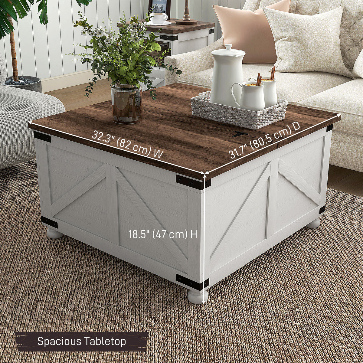 Coffee Table with Lift Top, 32" Farmhouse Center Table with Hidden Compartment for Living Room, Antique White