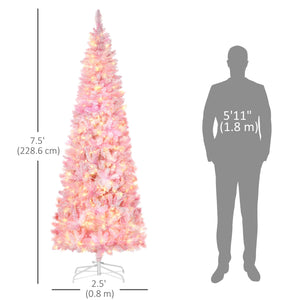 6 Foot Prelit Snow Flocked Artificial Christmas Tree with Pencil Shape, 500 Pine Realistic Branches, Warm White LED lights, Auto Open, Pink and White