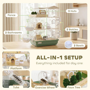 Large Hamster Cage, 3 Tiers Acrylic Hamster Habitat with Water Bottles, Running Wheel for Pet Mice, Dwarf Hamster