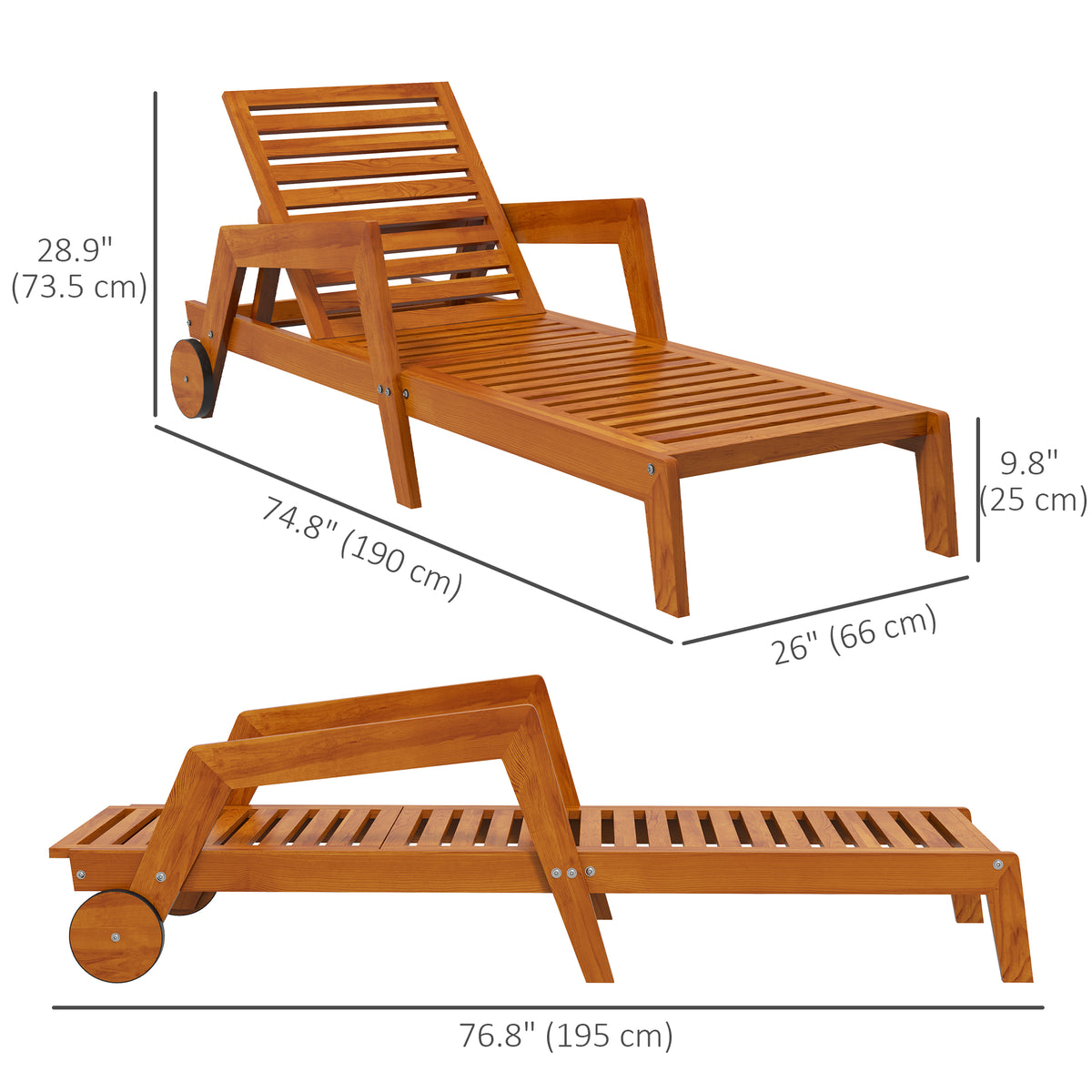 Wood Lounge Chair Outdoor Tanning Chair with Wheels, 3-Position Adjustable Backrest and Armrests, Orange