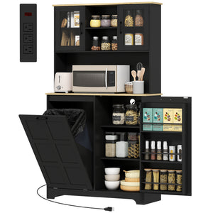 Kitchen Pantry Cabinet with Charging Station, 7 Gallon Trash Can Cabinet