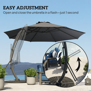11FT Patio Umbrella, Cantilever Umbrella with 8 Ribs, 360° Rotation, Easy Adjustment for Garden, Deck, UPF 50+, Grey
