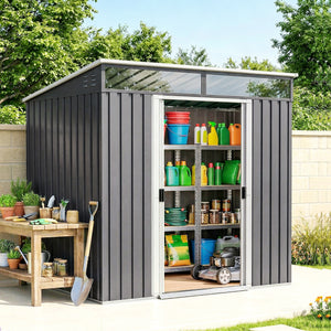 6.5x4FT Galvanised Metal Shed with Foundation Kit, Lockable Garden Tool Storage House with Sliding Doors – view 7
