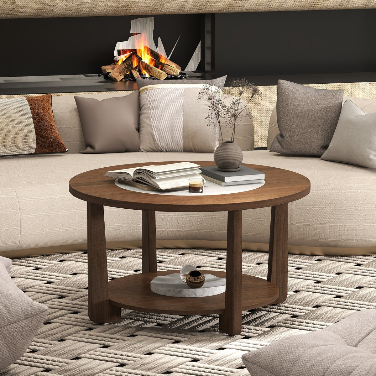 Farmhouse Accent Round Coffee Table with 2-Tone Tabletop and Open Storage Shelf for Living Room-Brown view 2
