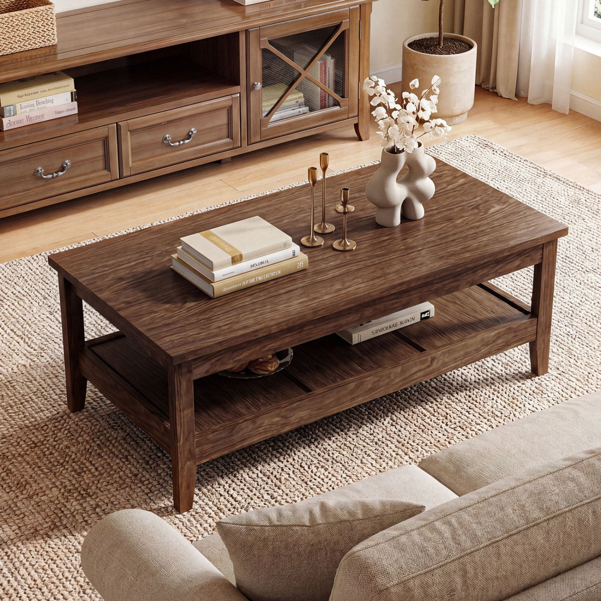Farmhouse Coffee Table Rustic Cocktail Center Table with Thickened Tabletop-Walnut view 2