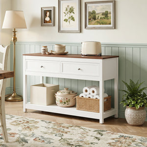 Farmhouse Console Table with 2 Drawers & Open Storage Shelf-White view 3
