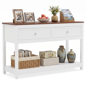 Farmhouse Console Table with 2 Drawers & Open Storage Shelf-White view 4